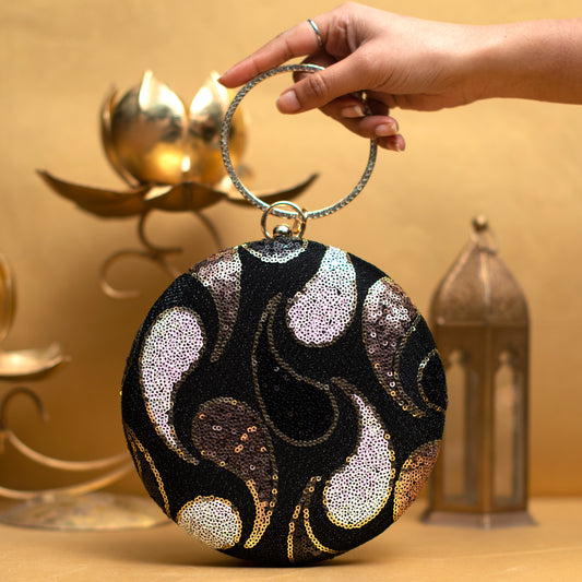 Black Sequin Embroidery Round Clutch