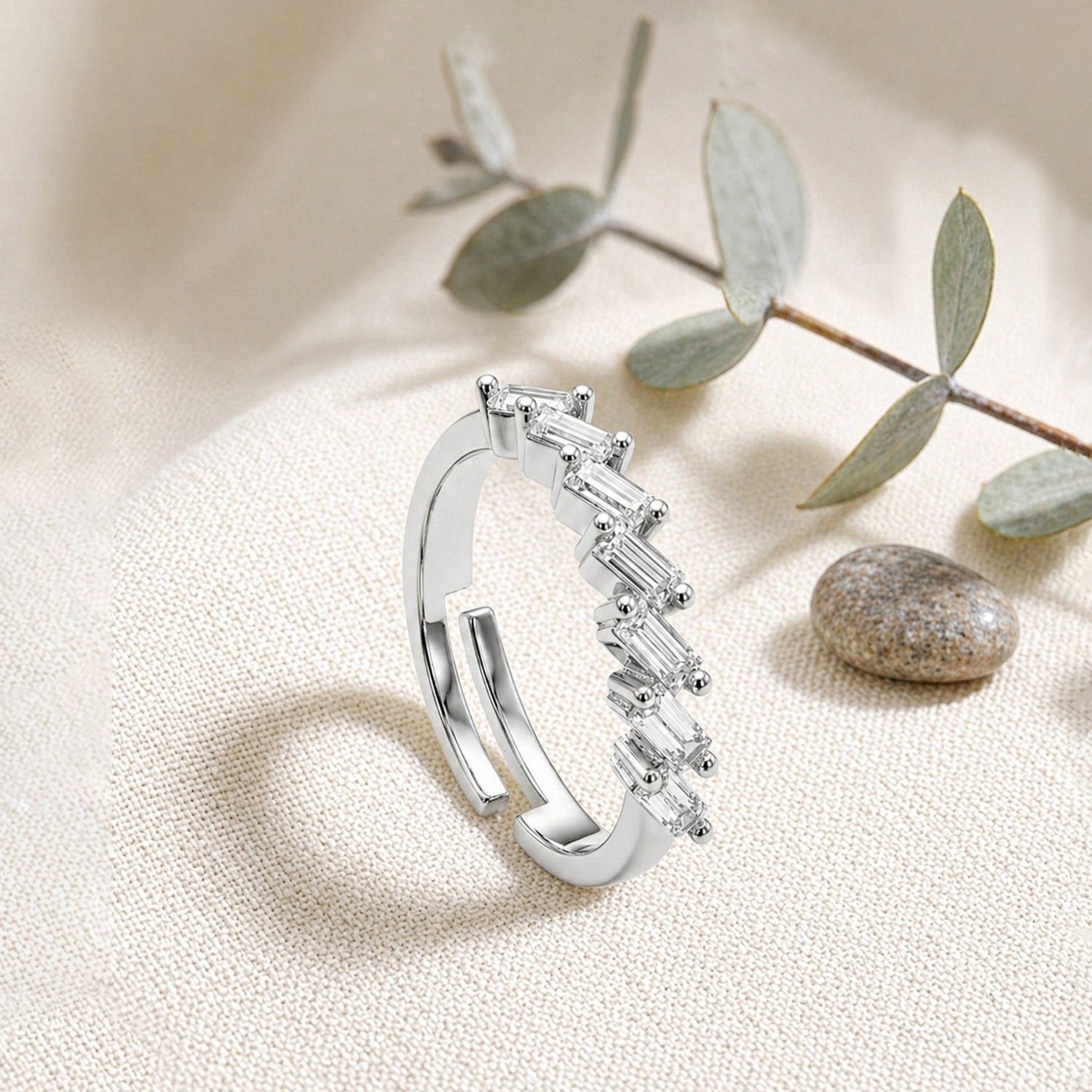 Artklim Silver-Tone Baguette Adjustable Crystal Anti-Tarnish Ring