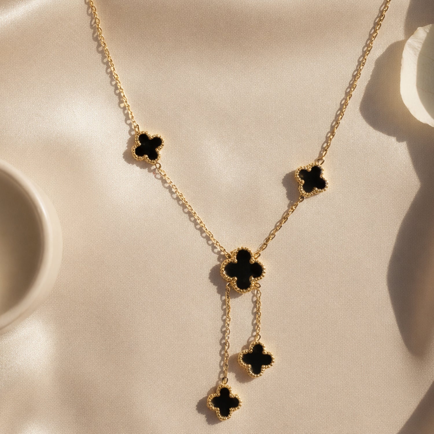 Artklim Gold-Plated Elegant Black Floral Drop Anti-Tarnish Necklace