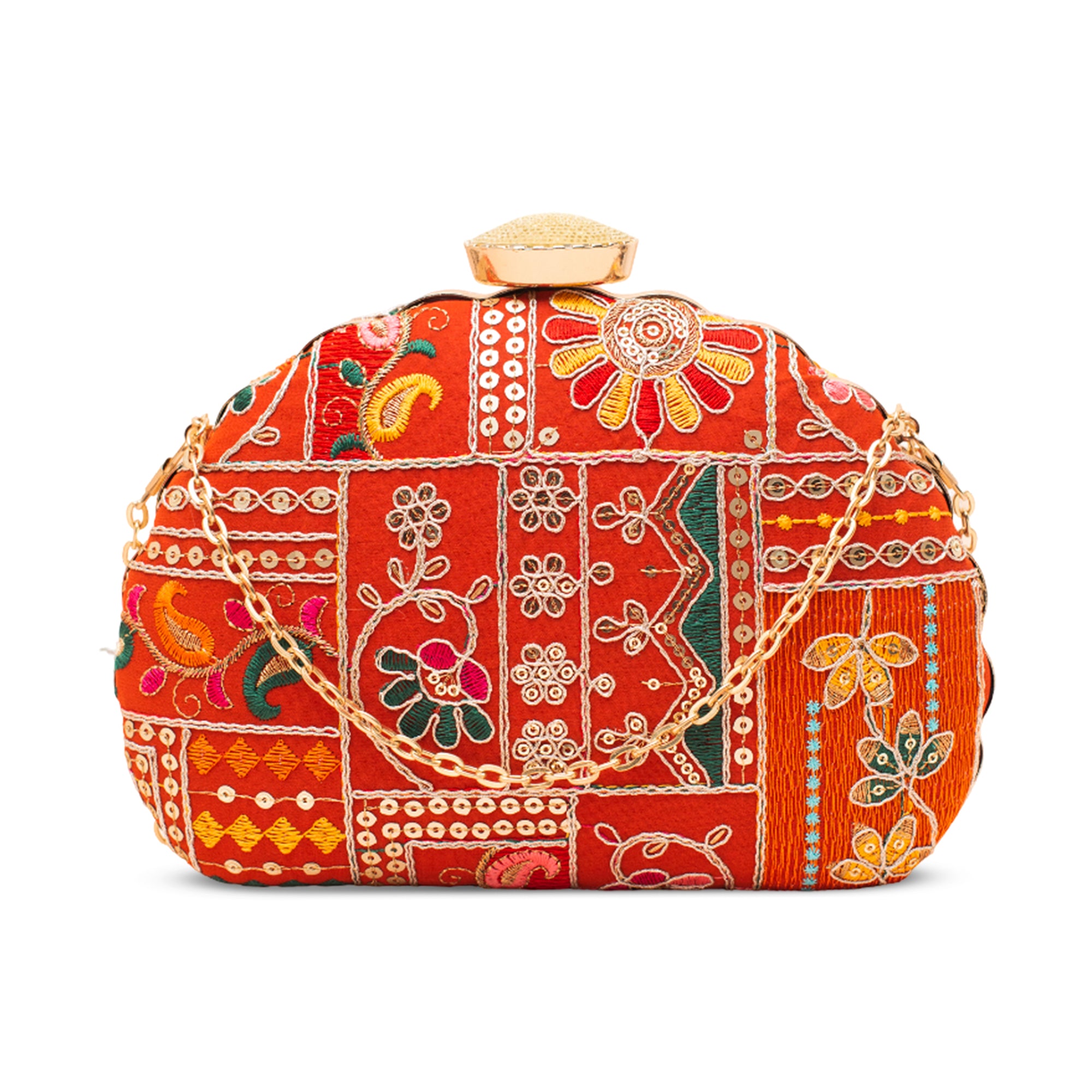 Artklim Red Sequins Embroidery D- Shape  Clutch