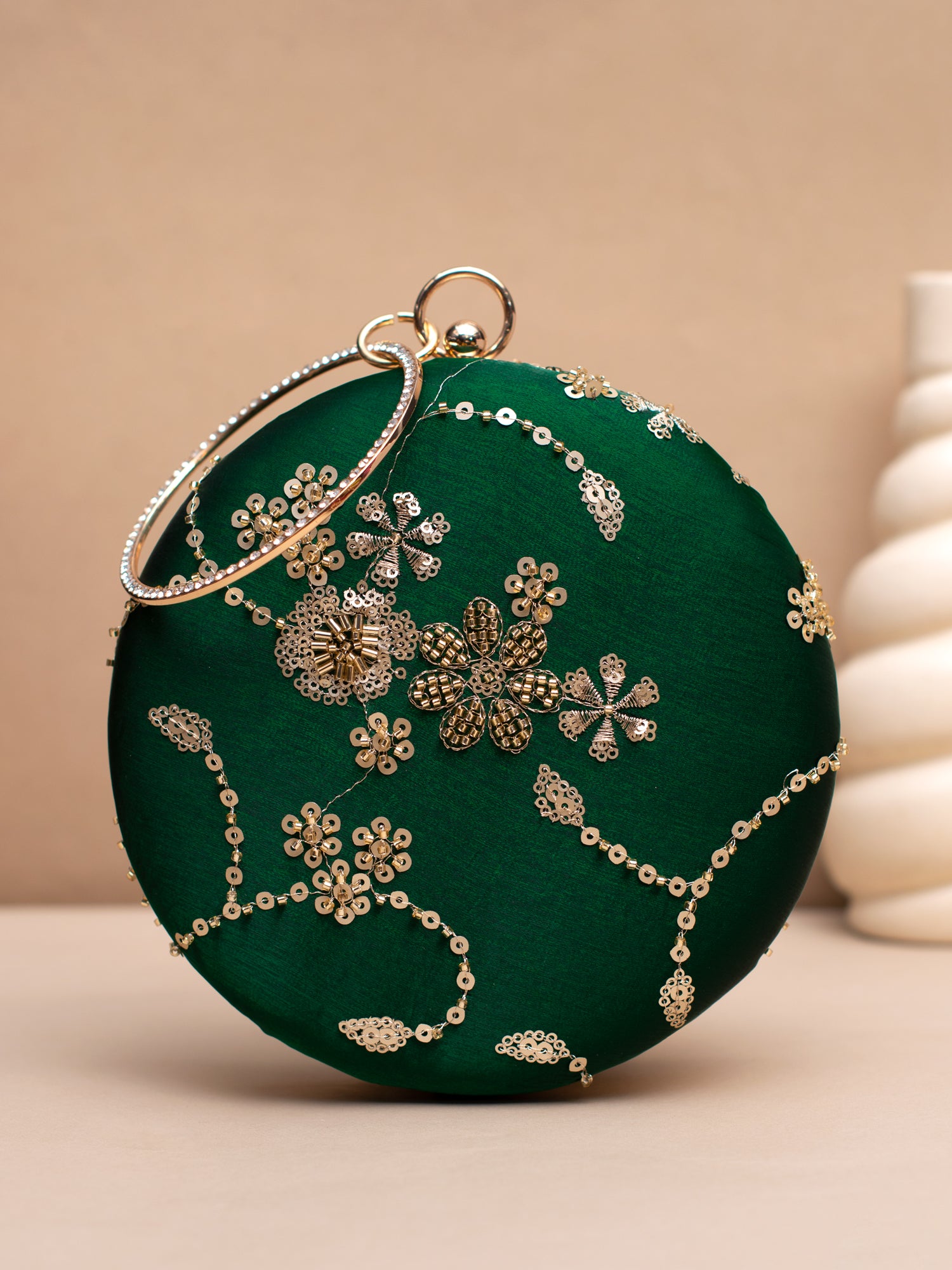 Artklim Green & Gold Embellished Round Clutch