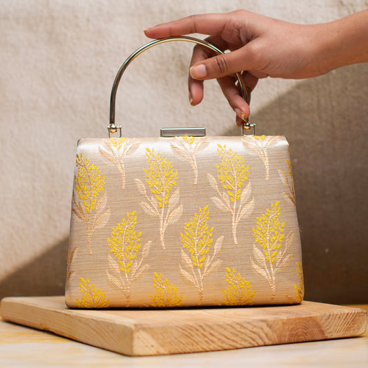 Off White And Yellow Brocade Fabric Clutch