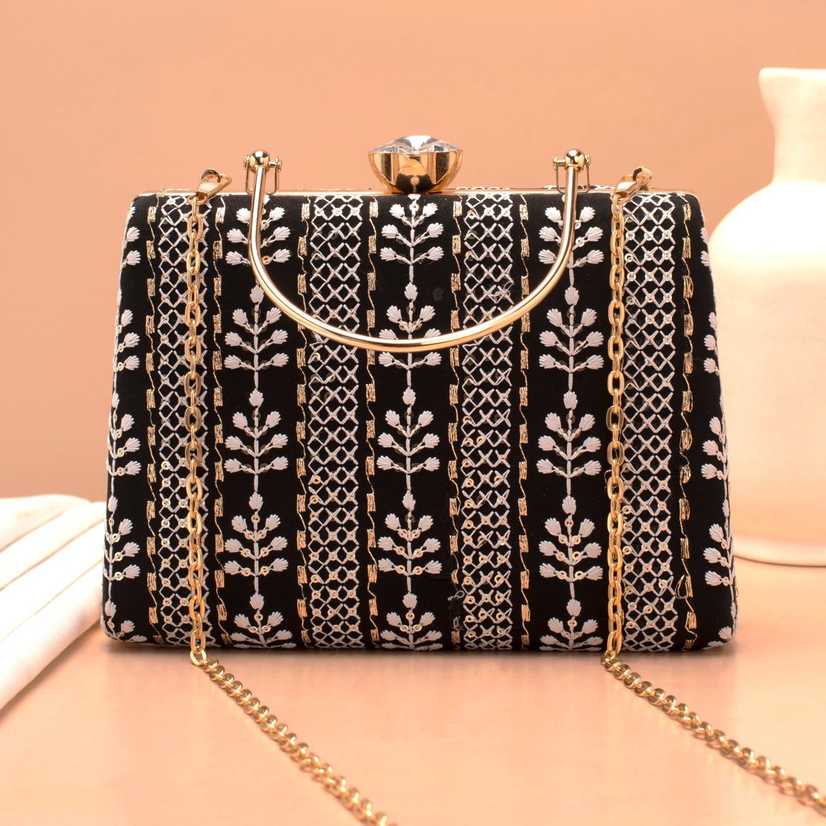 Artklim Black Base White Threadwork Embroidery Clutch