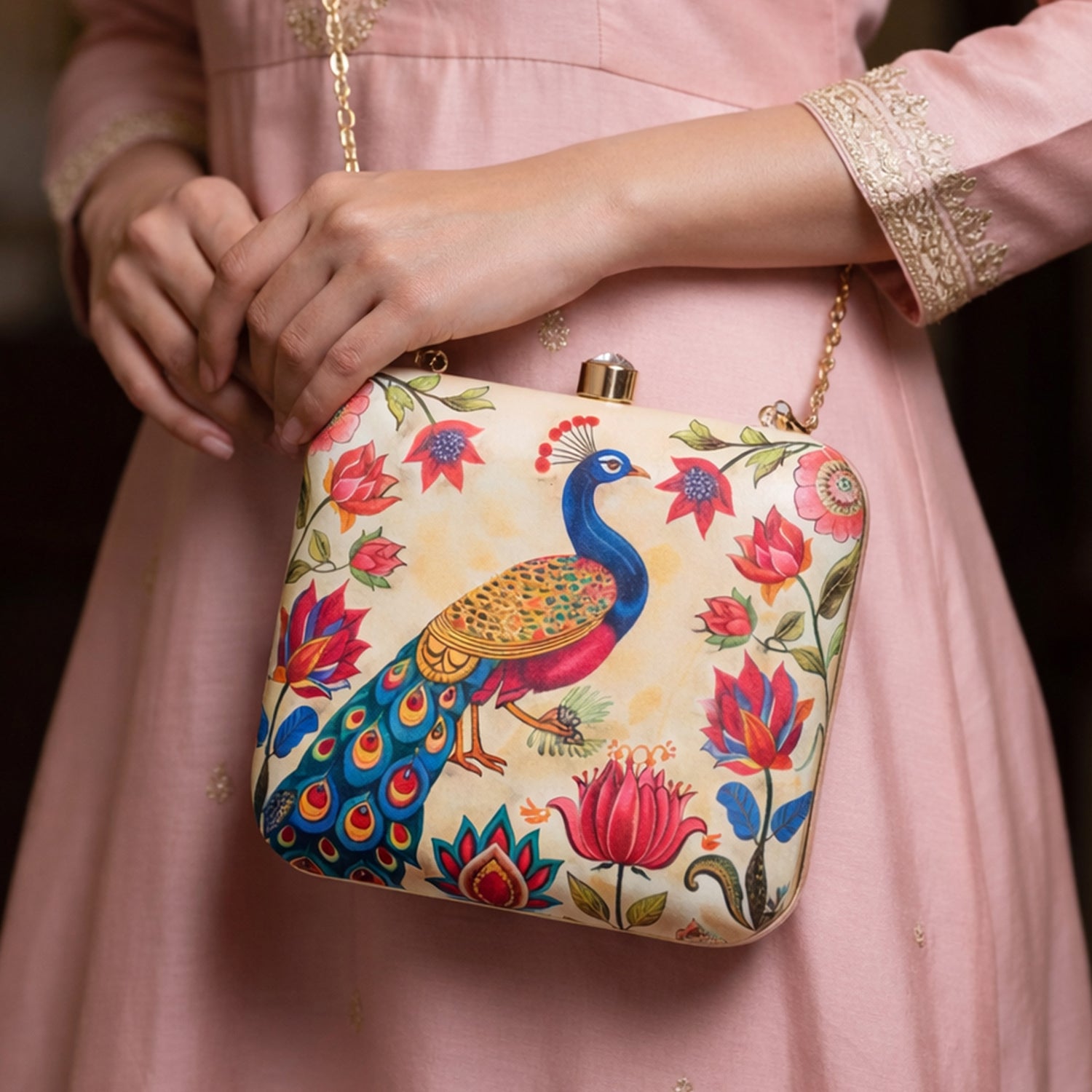 Artklim Biege Based Peacock Printed Clutch