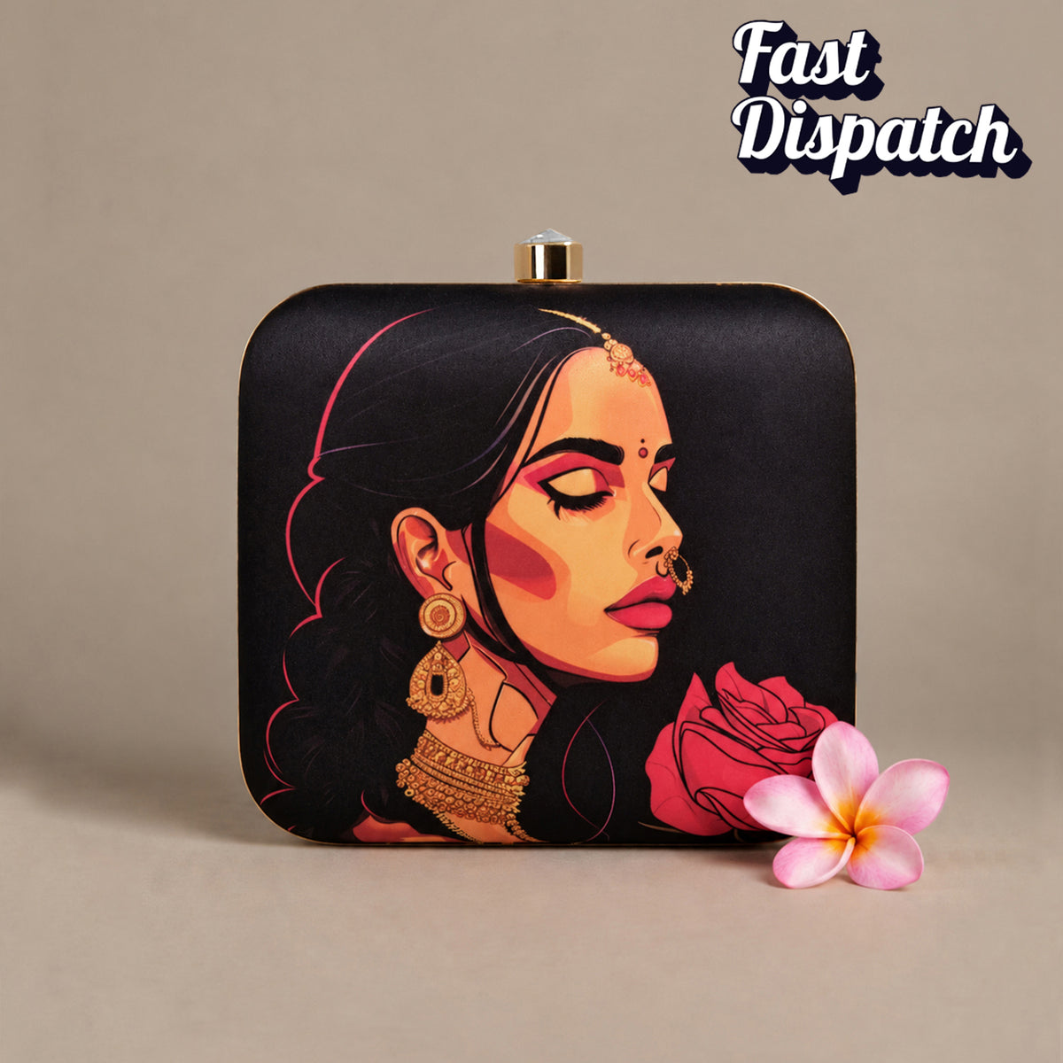 Artklim Elegant Indian Woman Portrait Rose Printed Clutch