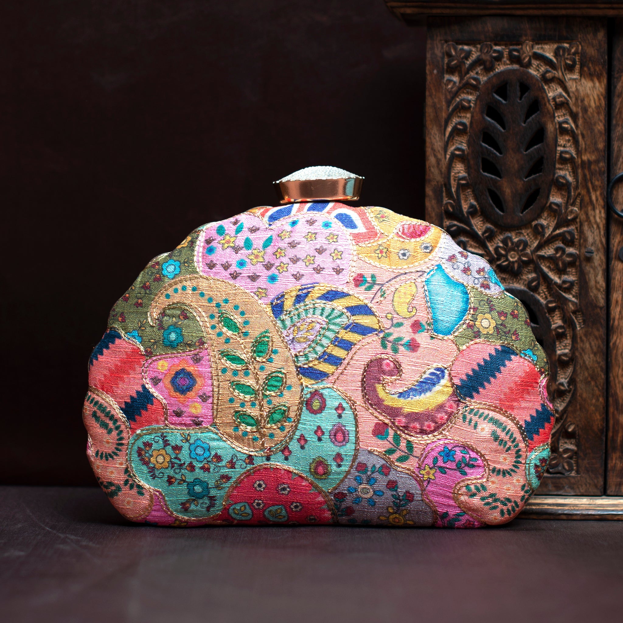 Multicolour Mixed Pattern Embroidery Moon Shaped Clutch