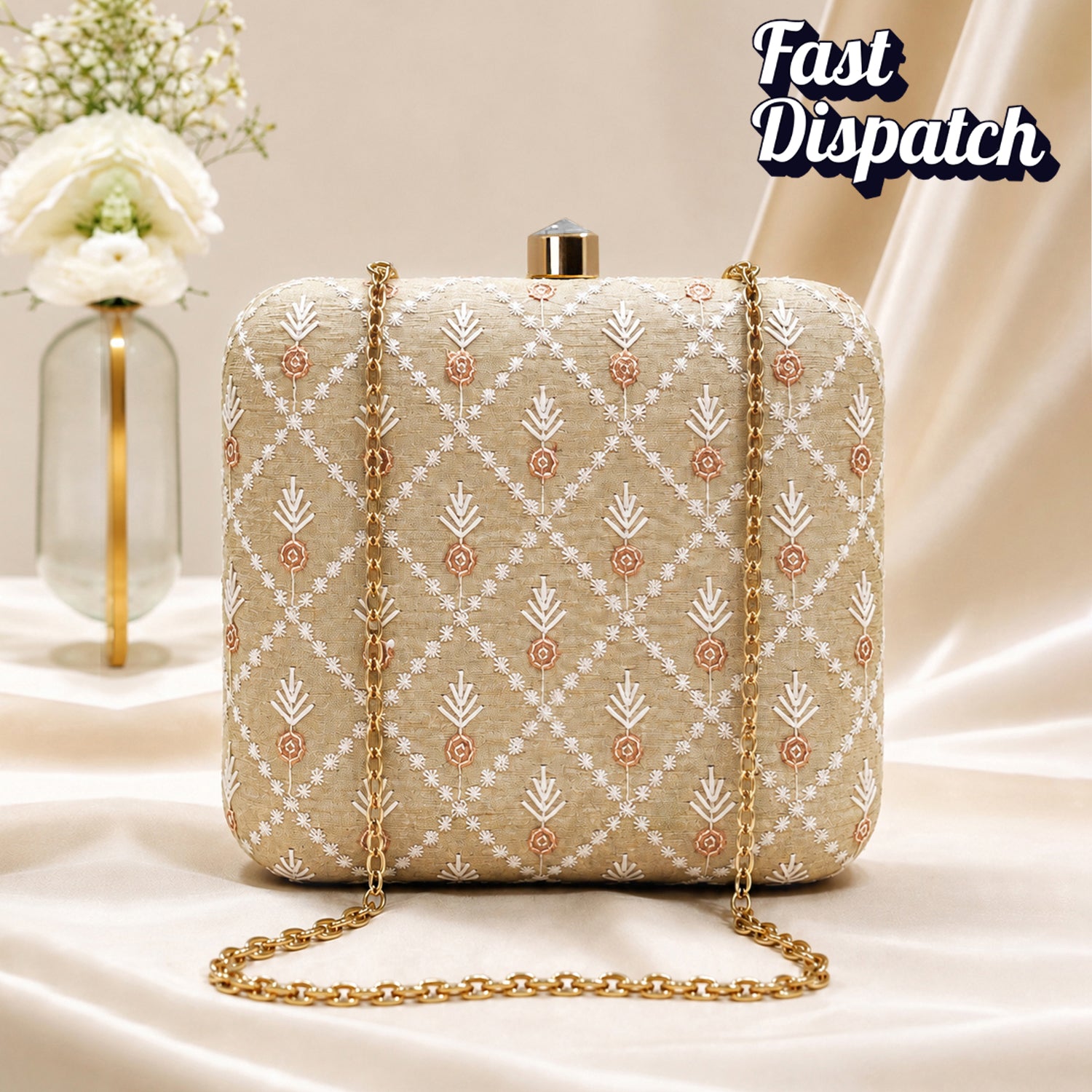 Artklim Beige Embroidered Floral Pattern Clutch