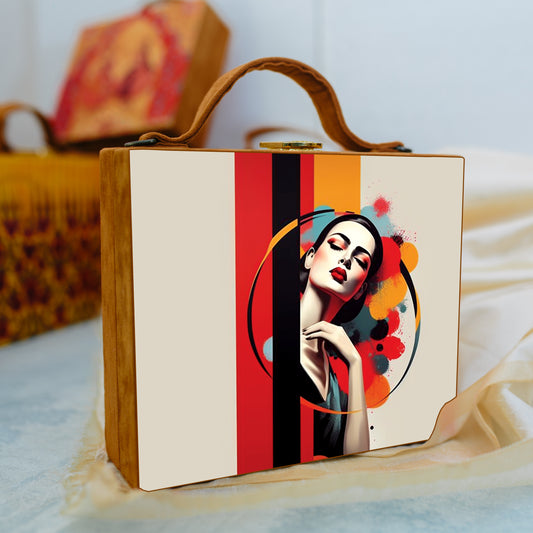Cream Base Multicoloured Girl Suitcase Style Clutch