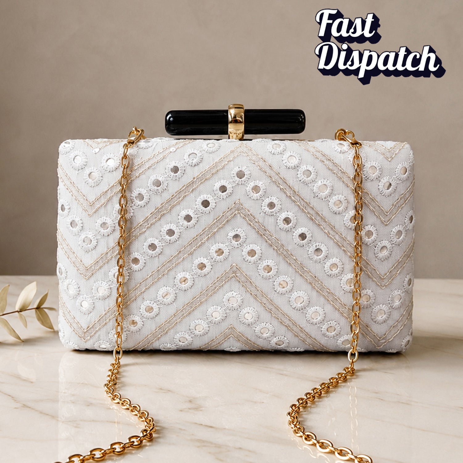 Artklim White Base Sequins Embroidery Clutch