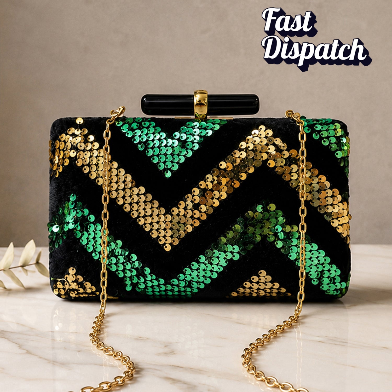Green And Golden Sequin Zigzag Embroidery Clutch