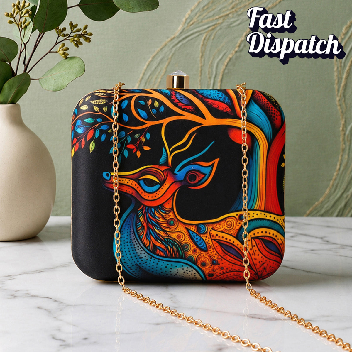 Artklim Peacock Feather Printed Designer Chain Clutch
