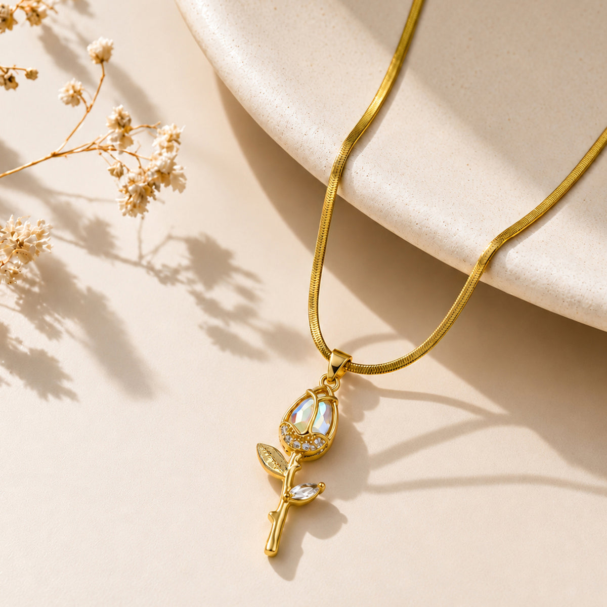 Artklim Elegant Floral Crystal Rose Gold Anti-Tarnish Pendant Necklace
