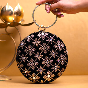 Black And Silver Floral Sequins Round Clutch