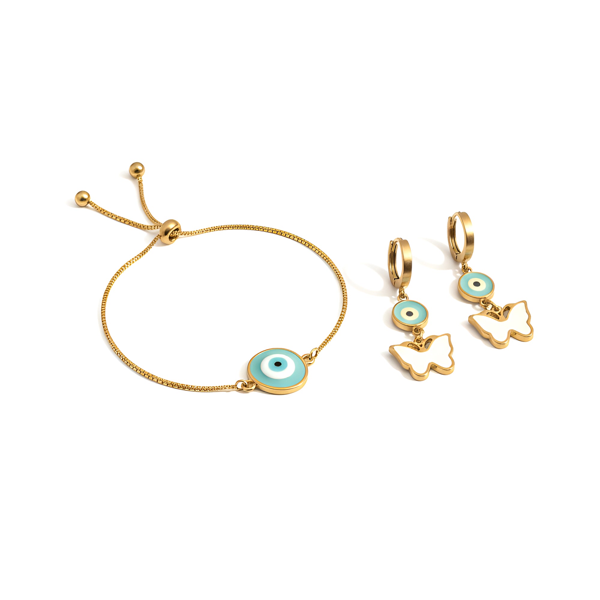 Artklim Anti Tarnish Evil Eye Bracelet & Butterfly Earrings Set
