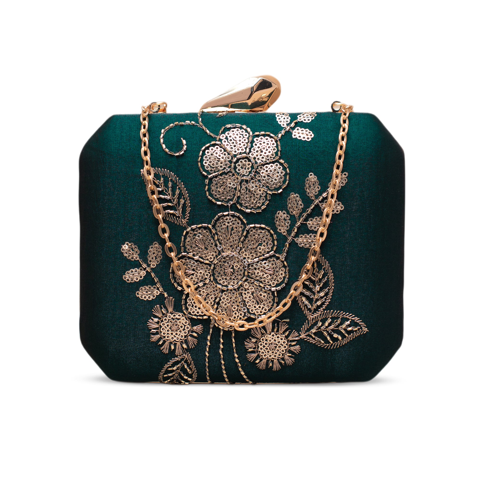 Artklim Luxury Green Gold Thread Floral Clutch