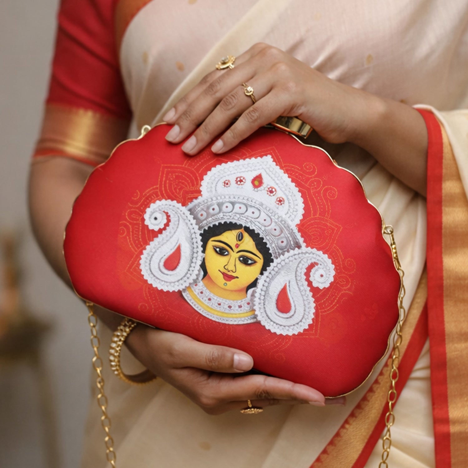 Artklim Red Durga Face Printed D-Shape  Clutch