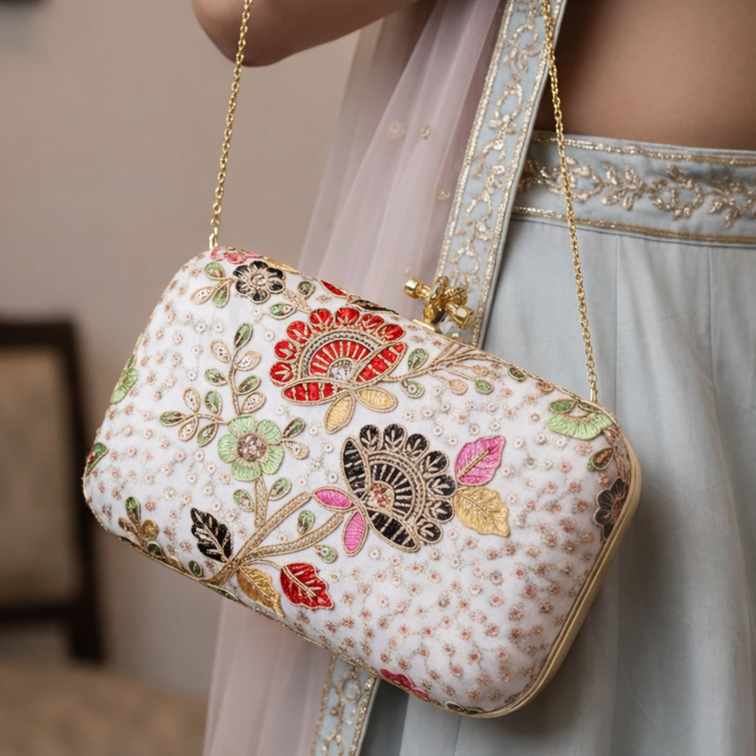 Artklim White Based Multicolored Threadwork And Sequins Embroidery Clutch