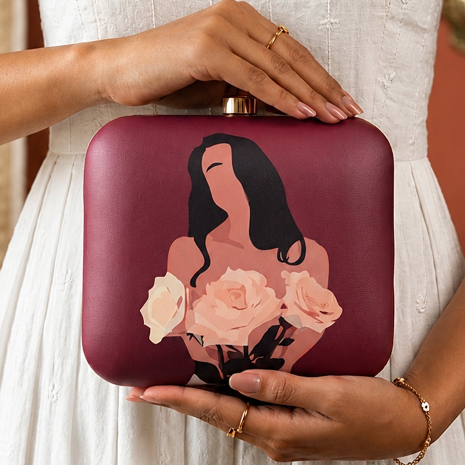 Artklim Maroon Flower Girl Portrait Printed Clutch