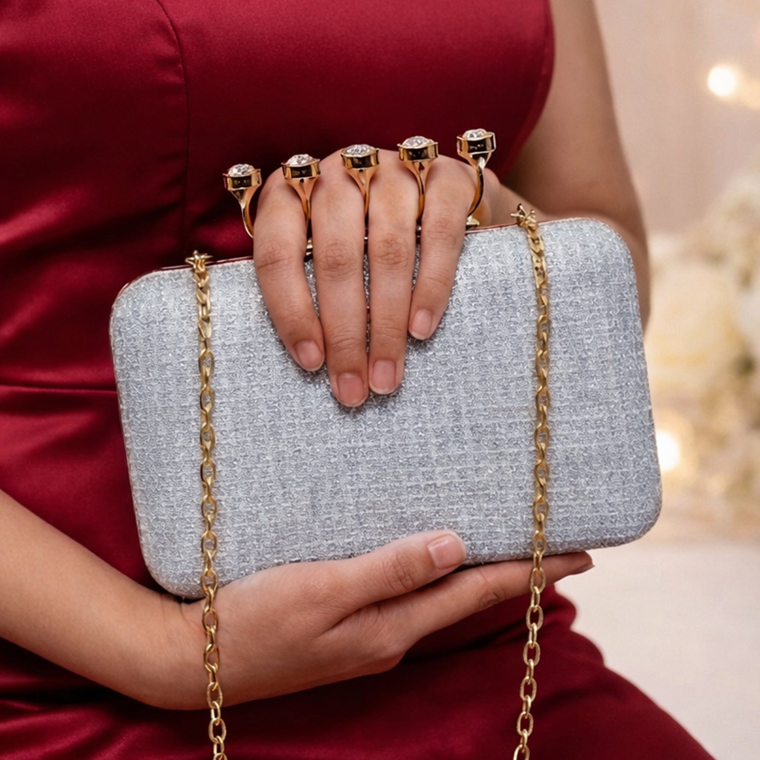 Artklim Silver Stylish Midnight Luxe Glitter Embroidery Clutch