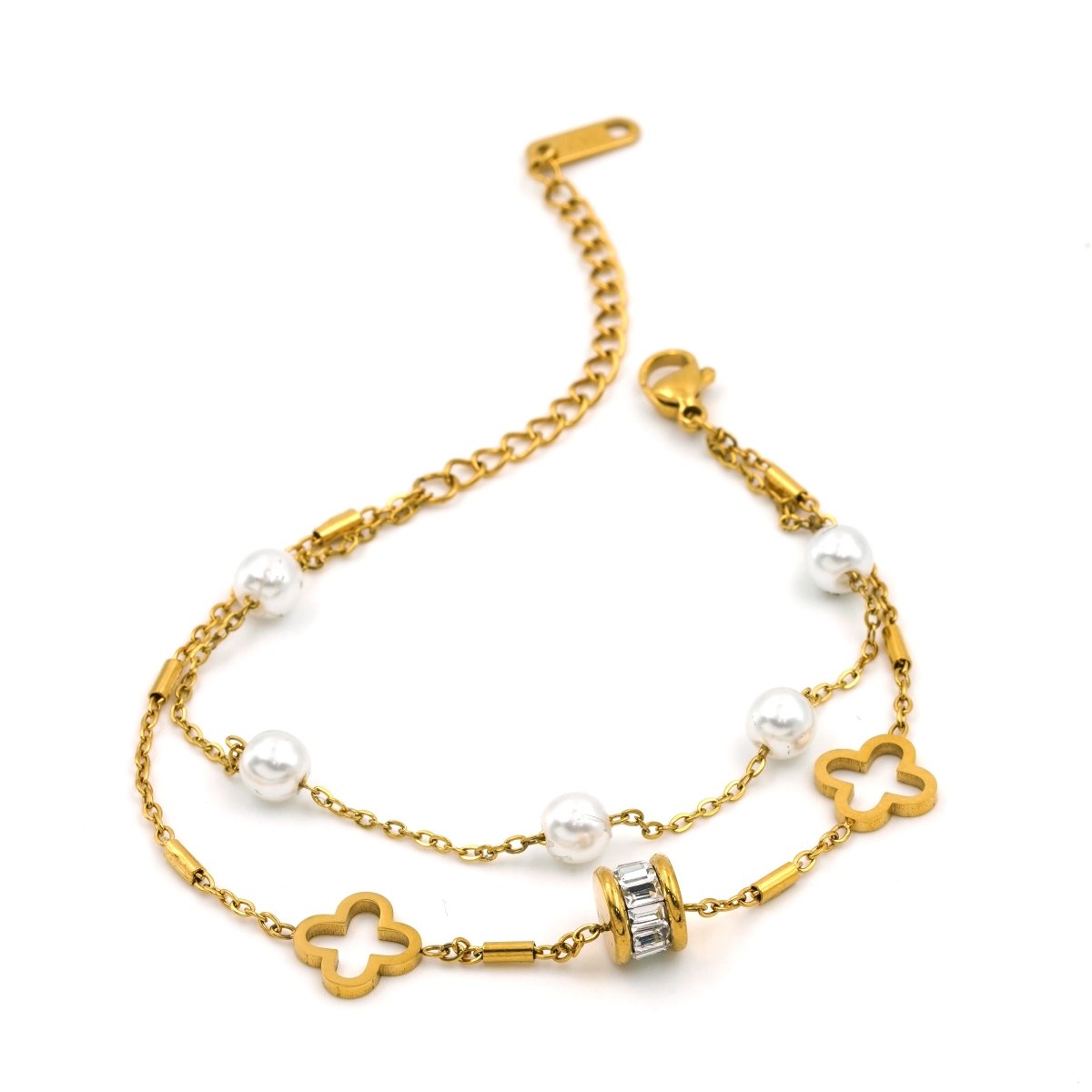 Artklim Gold Plated Clover And Pearl Charm Bracelet