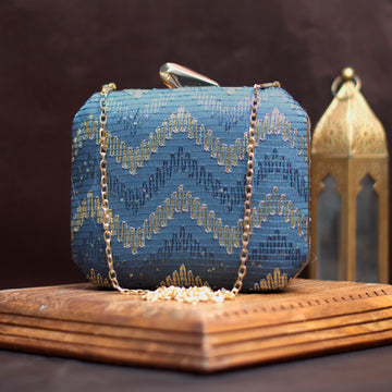 Sky Blue Zigzag Embroidery Clutch