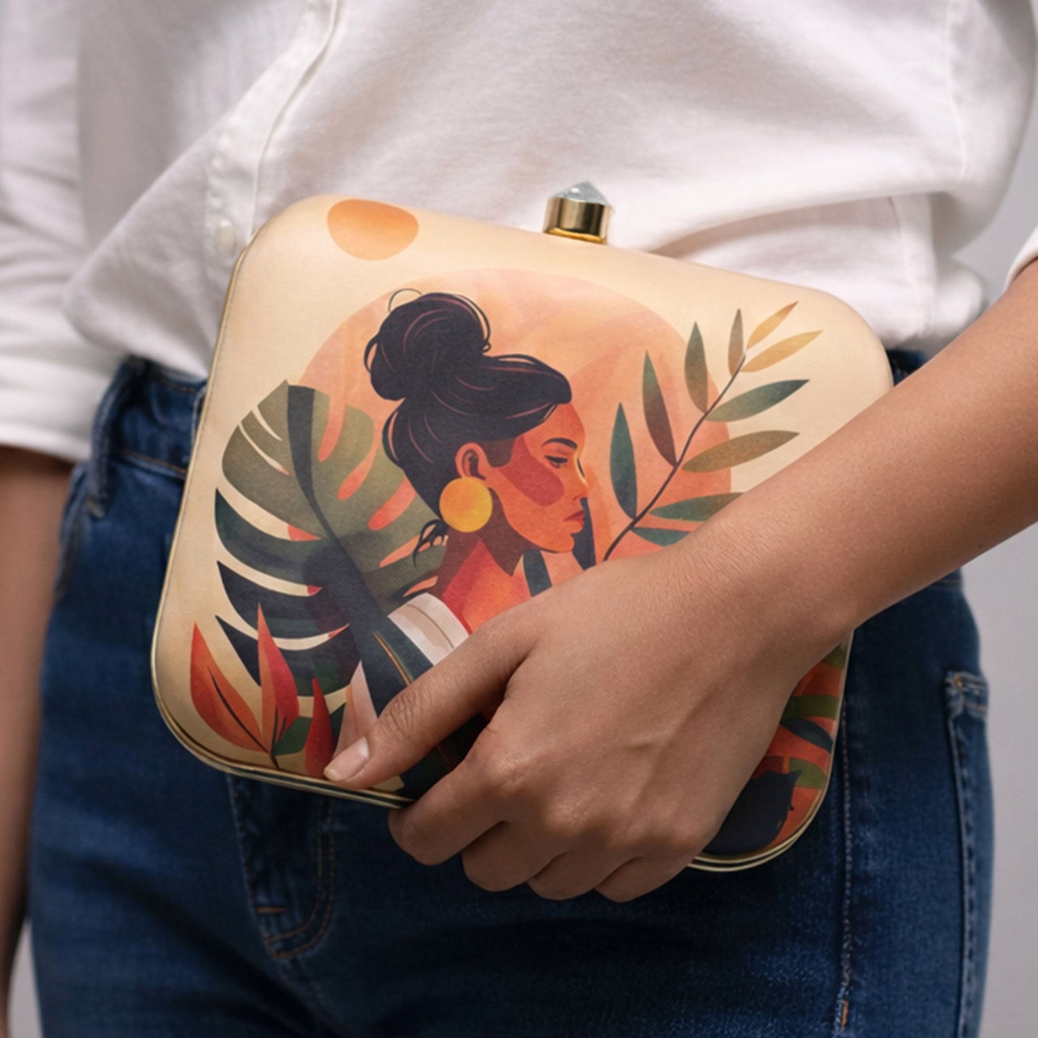Beige Based Woman Portrait Printed Clutch