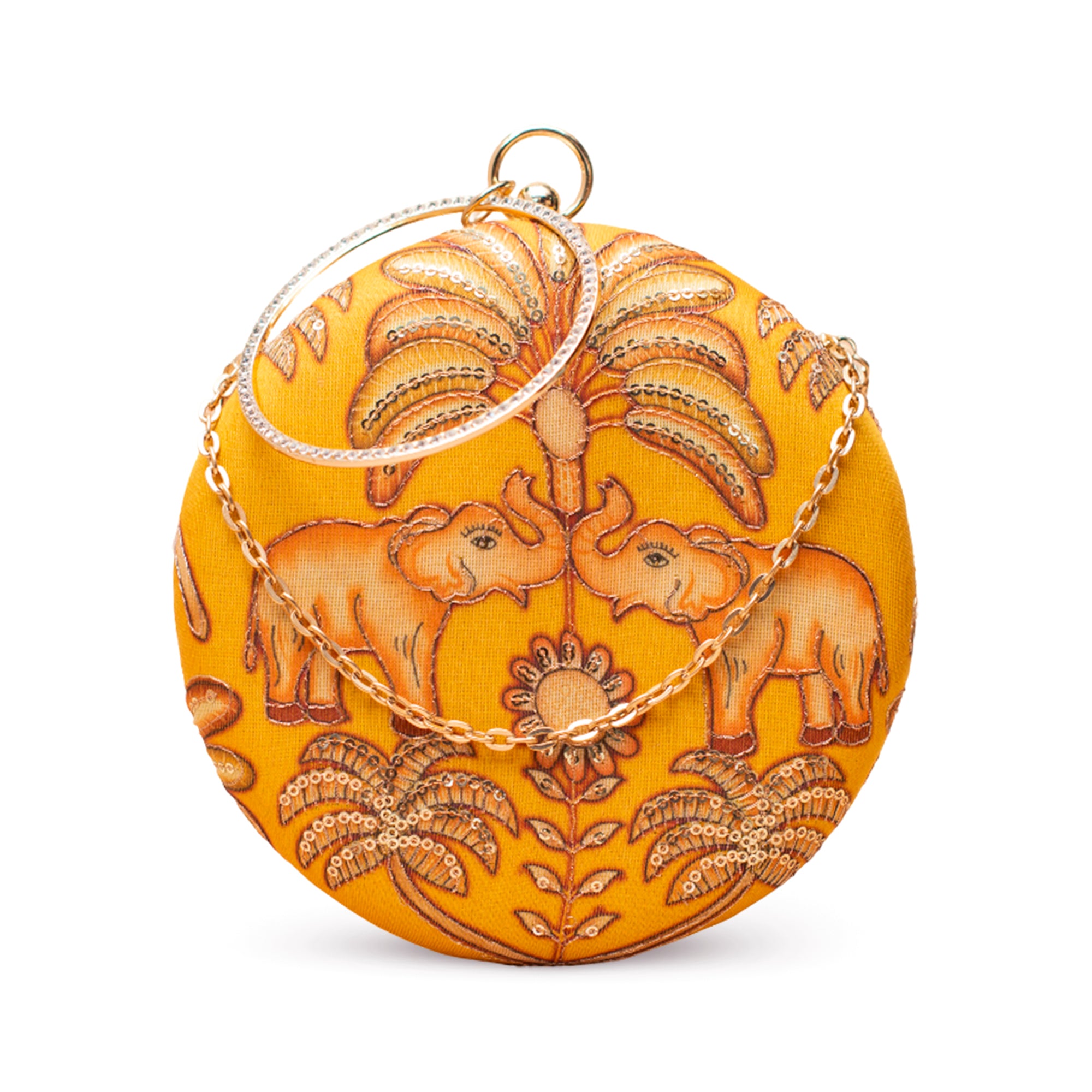 Artklim Yellow Elephant Embroidered Round Clutch