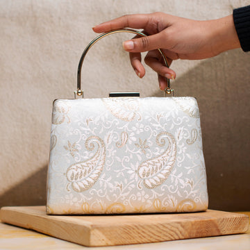 White Brocade Fabric Clutch