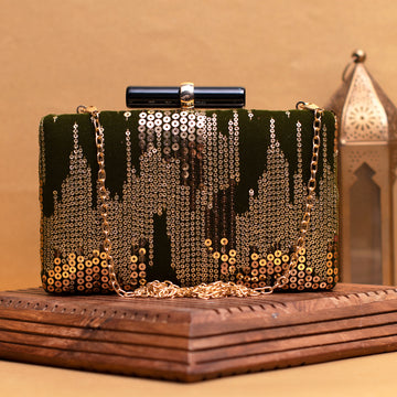 Olive Green Sequins Embroidery Clutch