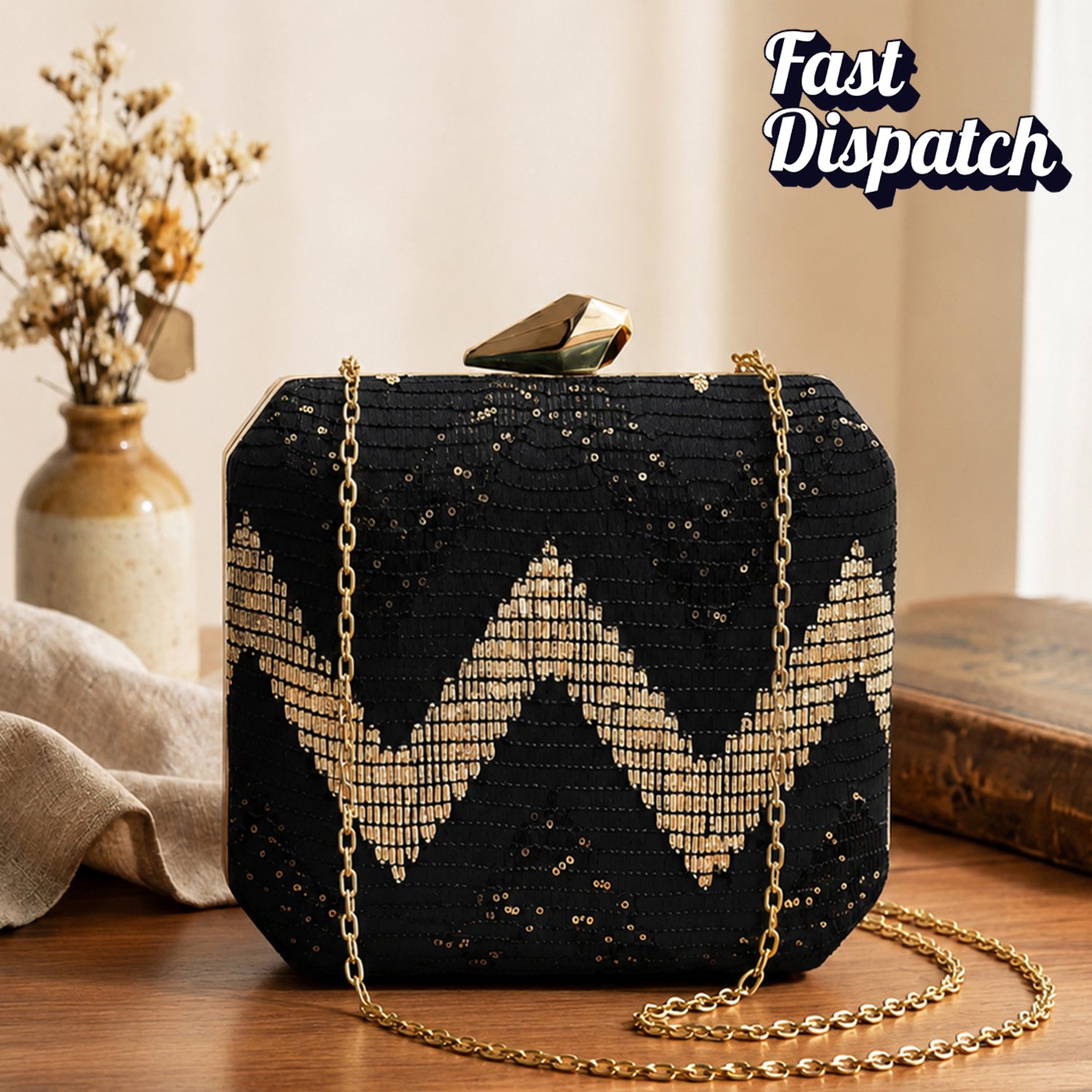 Artklim Black Sequin Embroidery Clutch