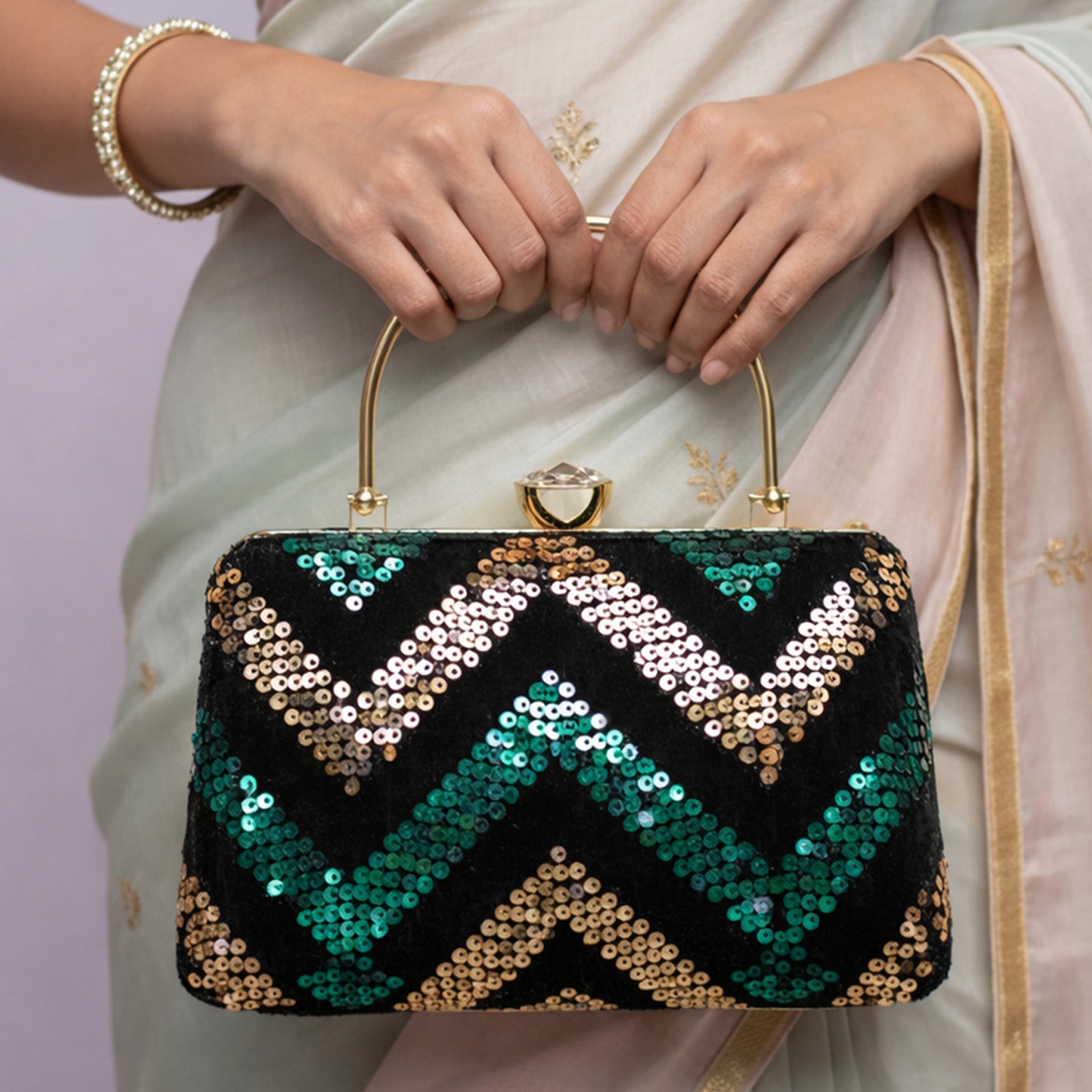 Golden And Green Sequins Zigzag Clutch