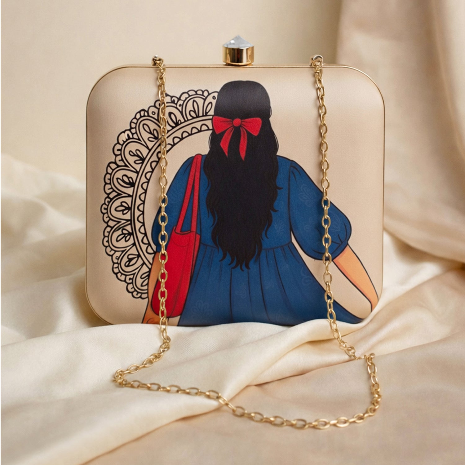 Artklim Beige Based Girl With Red Bow Portrait Printed Clutch