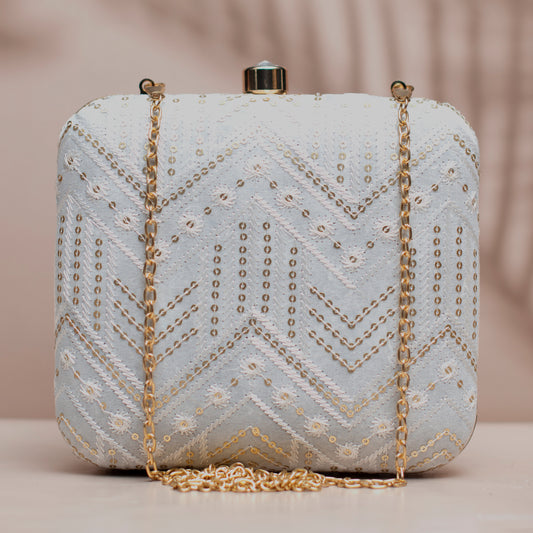 White Zigzag Sequins Embroidery Clutch