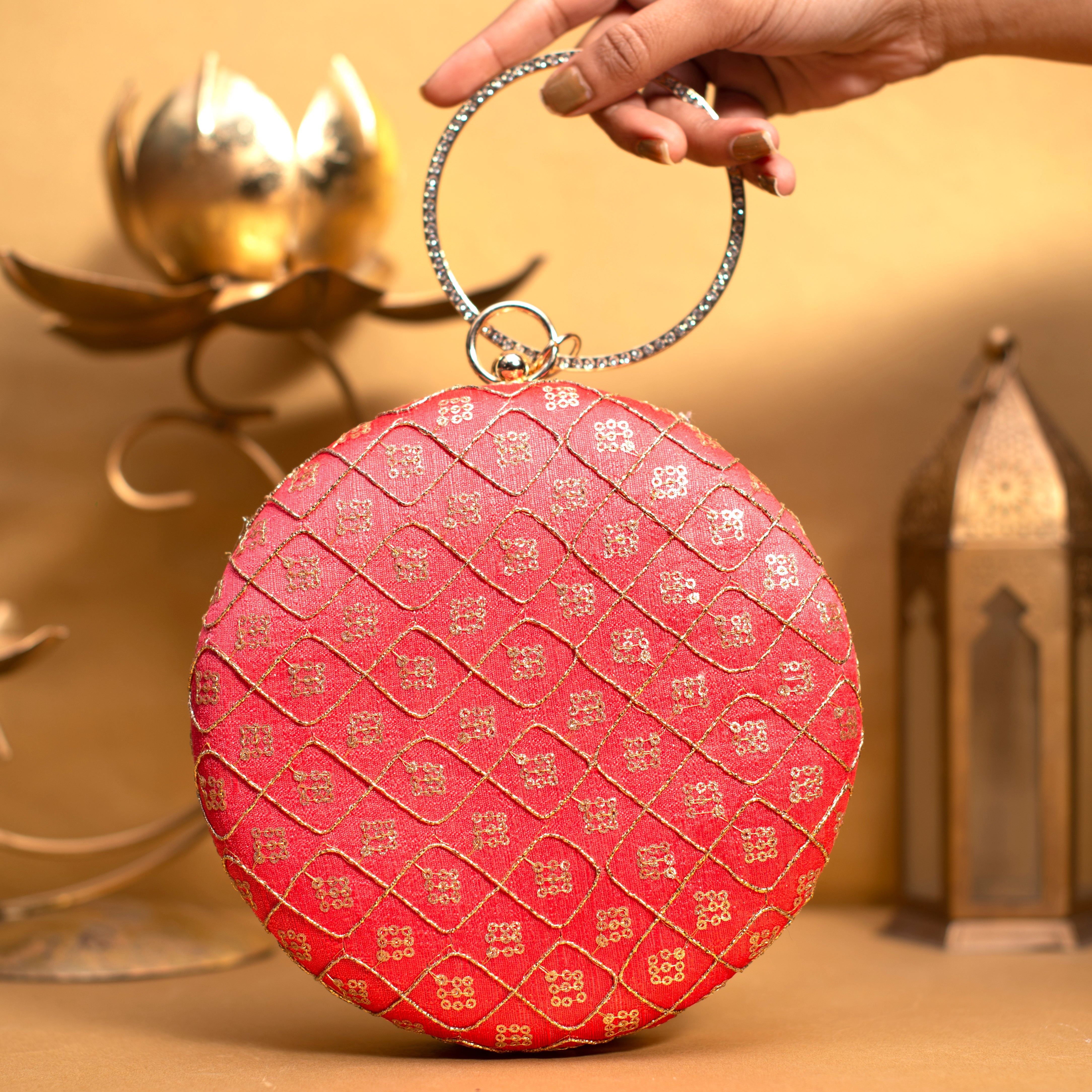 Bright Red Embroidery Round Clutch Artklim