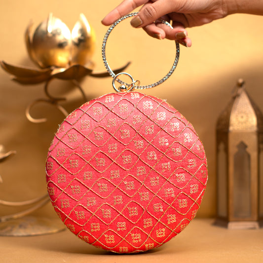 Bright Red Embroidery Round Clutch
