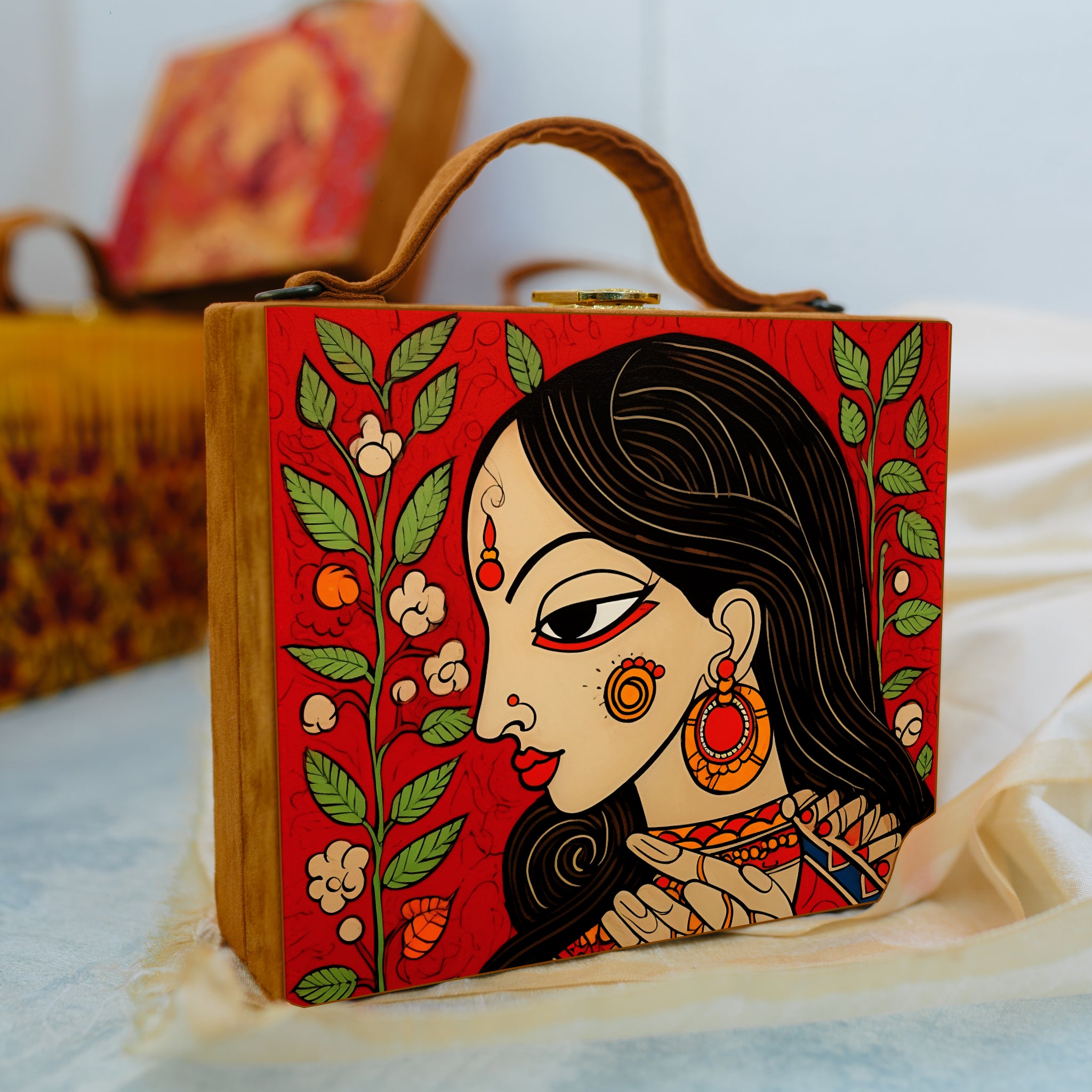 Madhubani Portrait Printed Suitcase Style Clutch