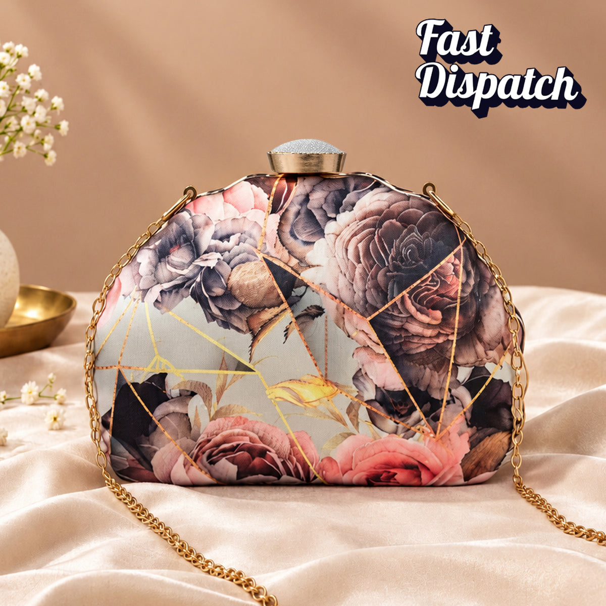Artklim Elegant Floral Geometric Sling Chain Printed Clutch
