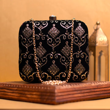 Black Sequins Multipattern Embroidery Clutch