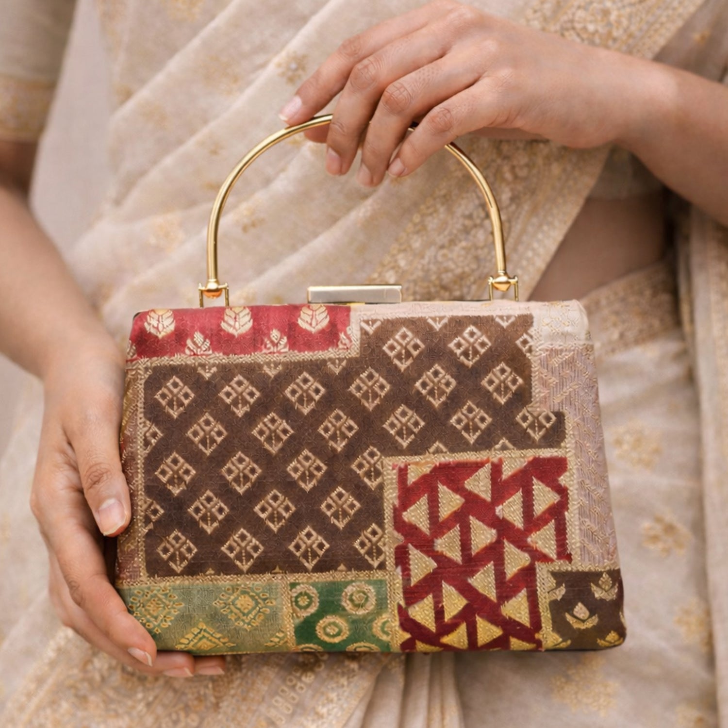 Brown Multipattern Brocade Fabric Clutch