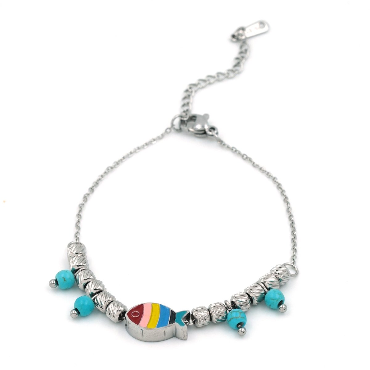 Artklim Silver Plated Multicolored Fish And Blue Beads Bracelet