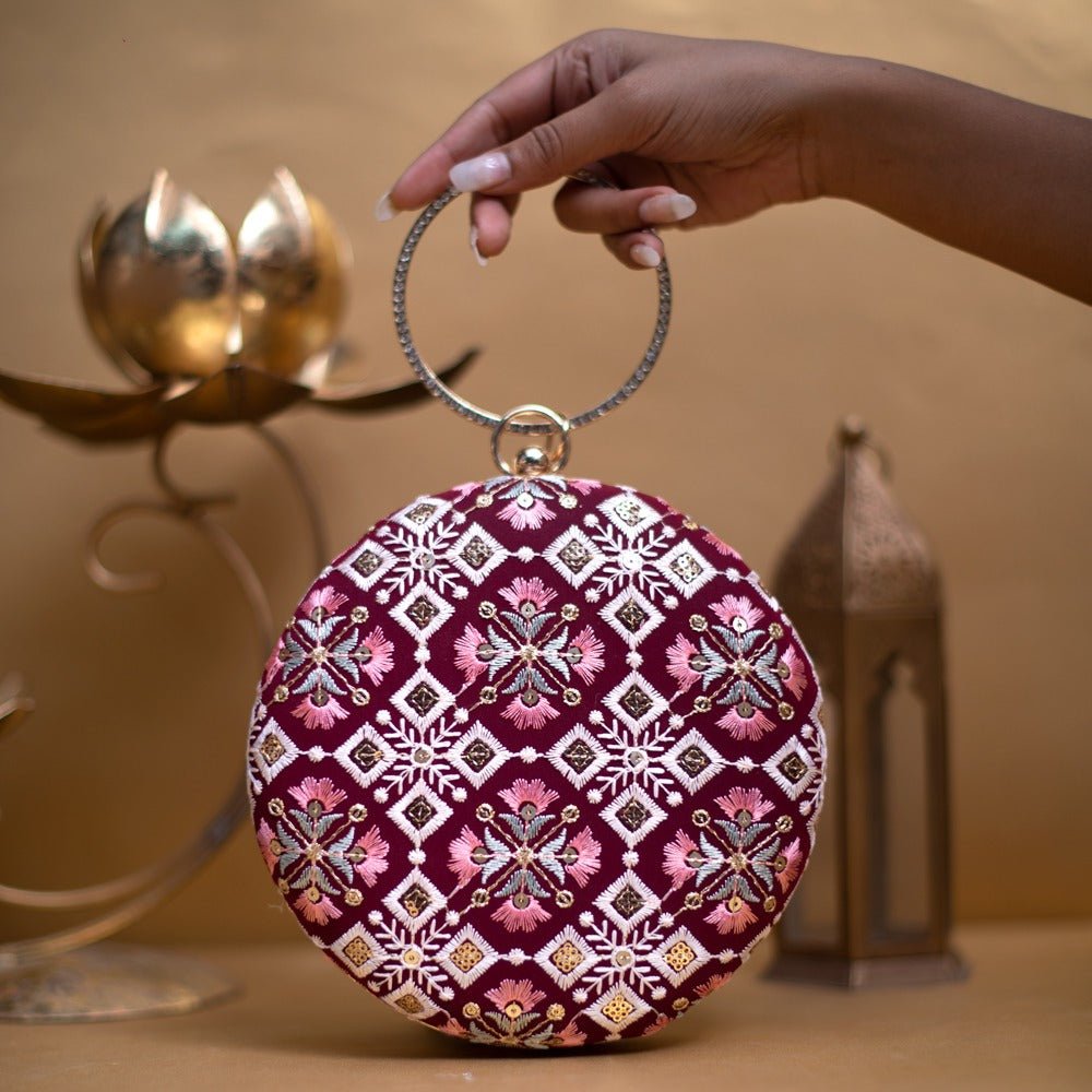 Maroon And Pink Floral Embroidery Round Clutch