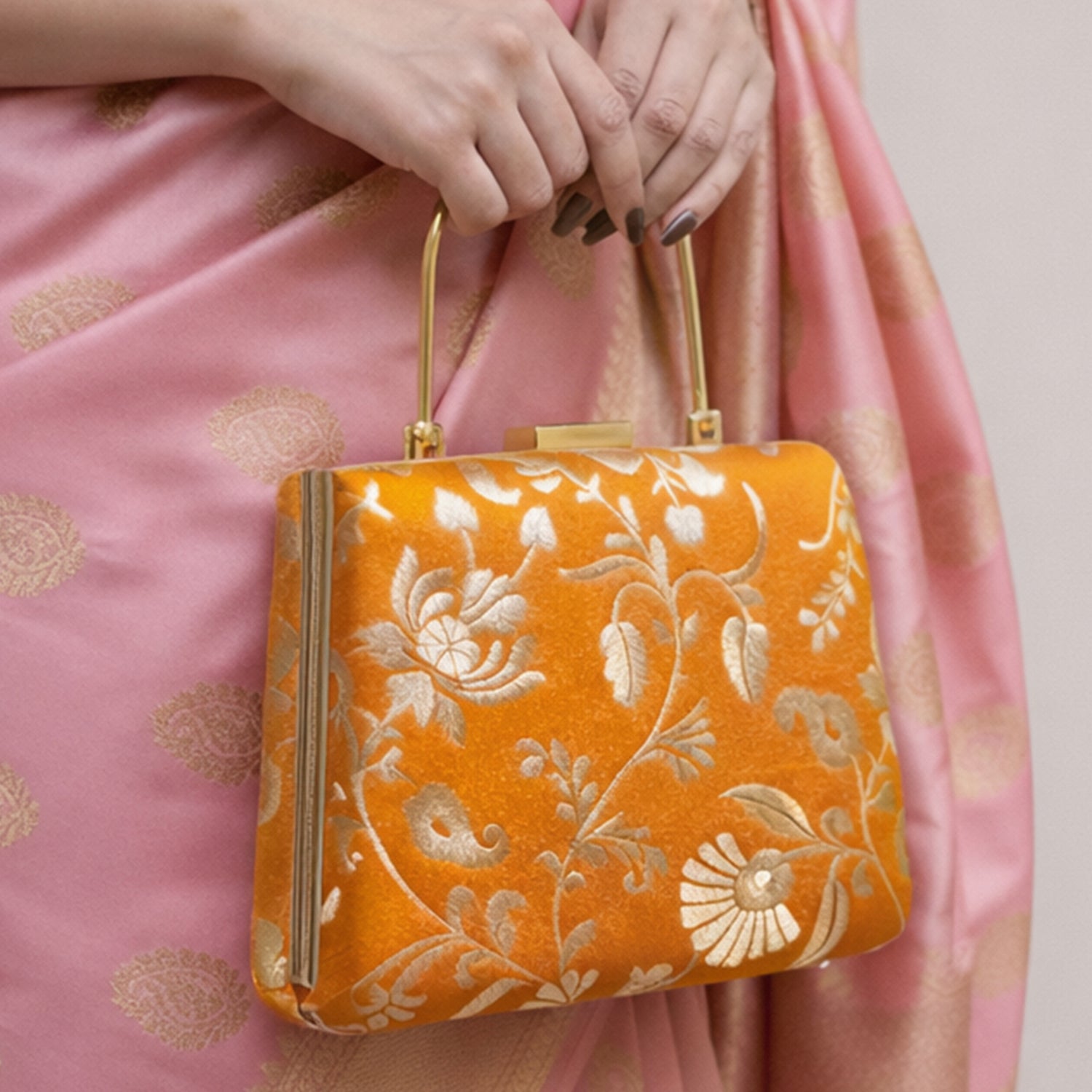 Artklim Yellow Based Silver Floral Pattern Printed Brocade Fabric Clutch