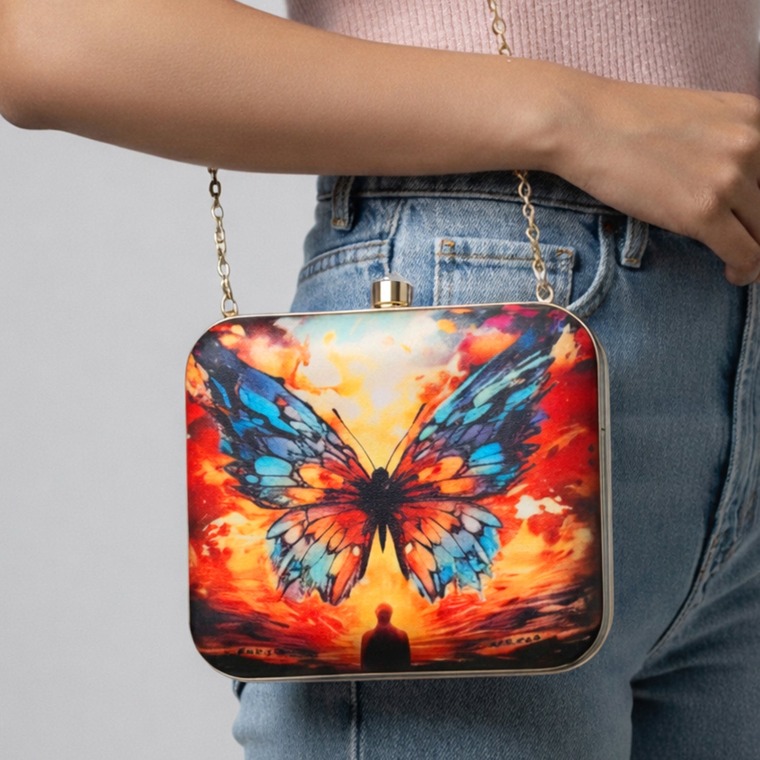 Multicoloured Butterfly Printed Clutch