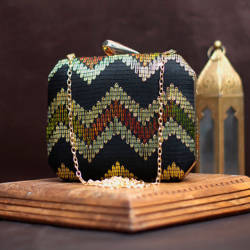 Black Multicolour Zigzag Embroidery Clutch