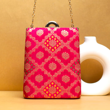 Pink Brocade Fabric Vertical Clutch