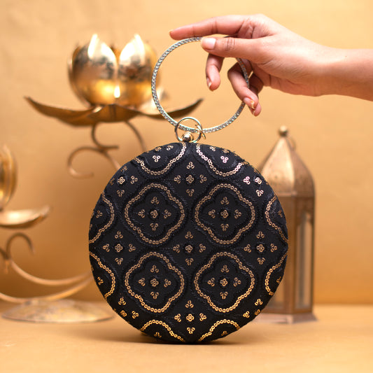 Black Embroidery Round Clutch