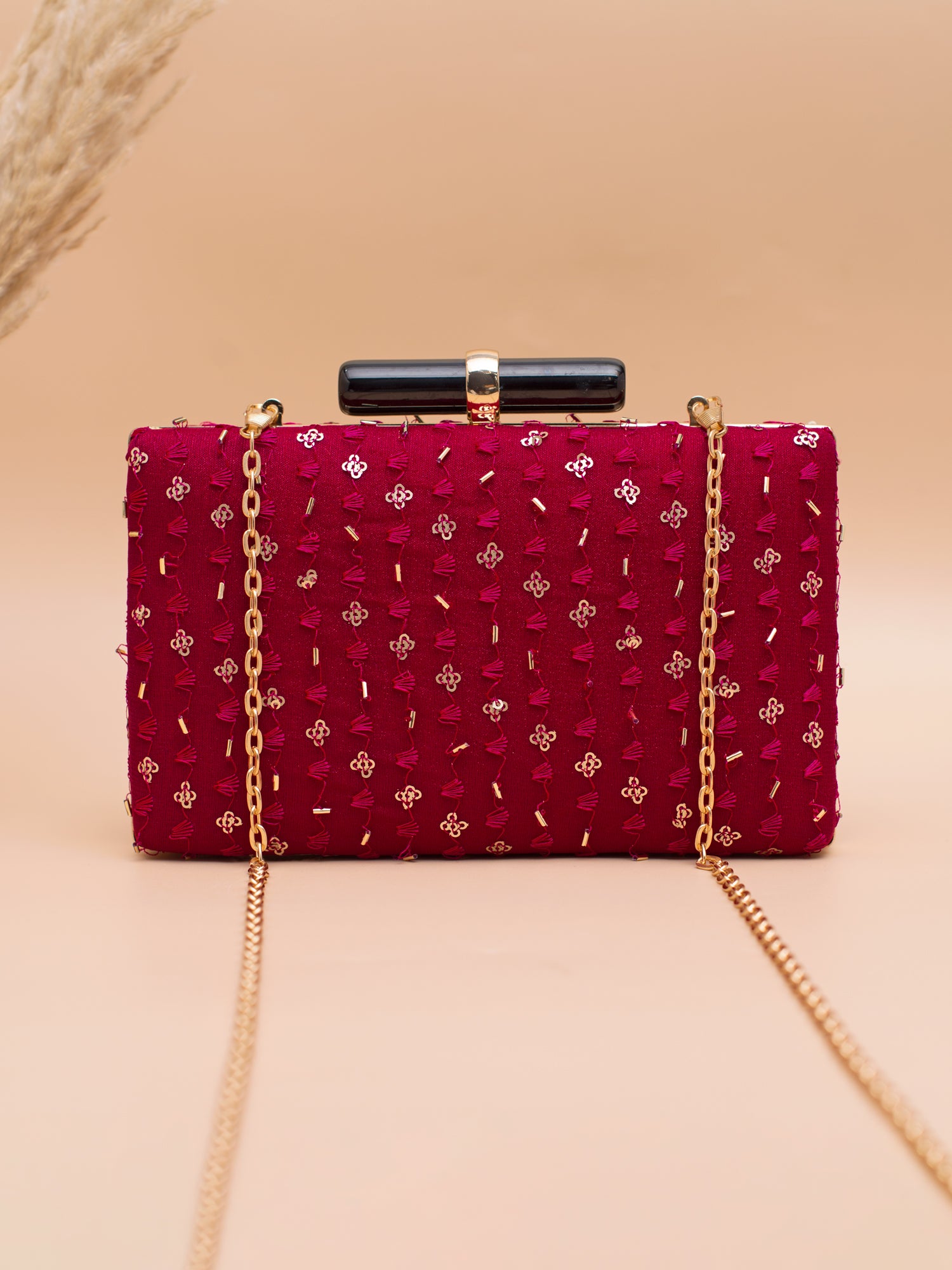 Artklim Golden Glam Maroon Embroidery Clutch