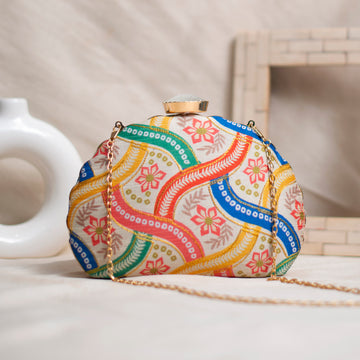 Cream Multicolour Moon Shape Clutch