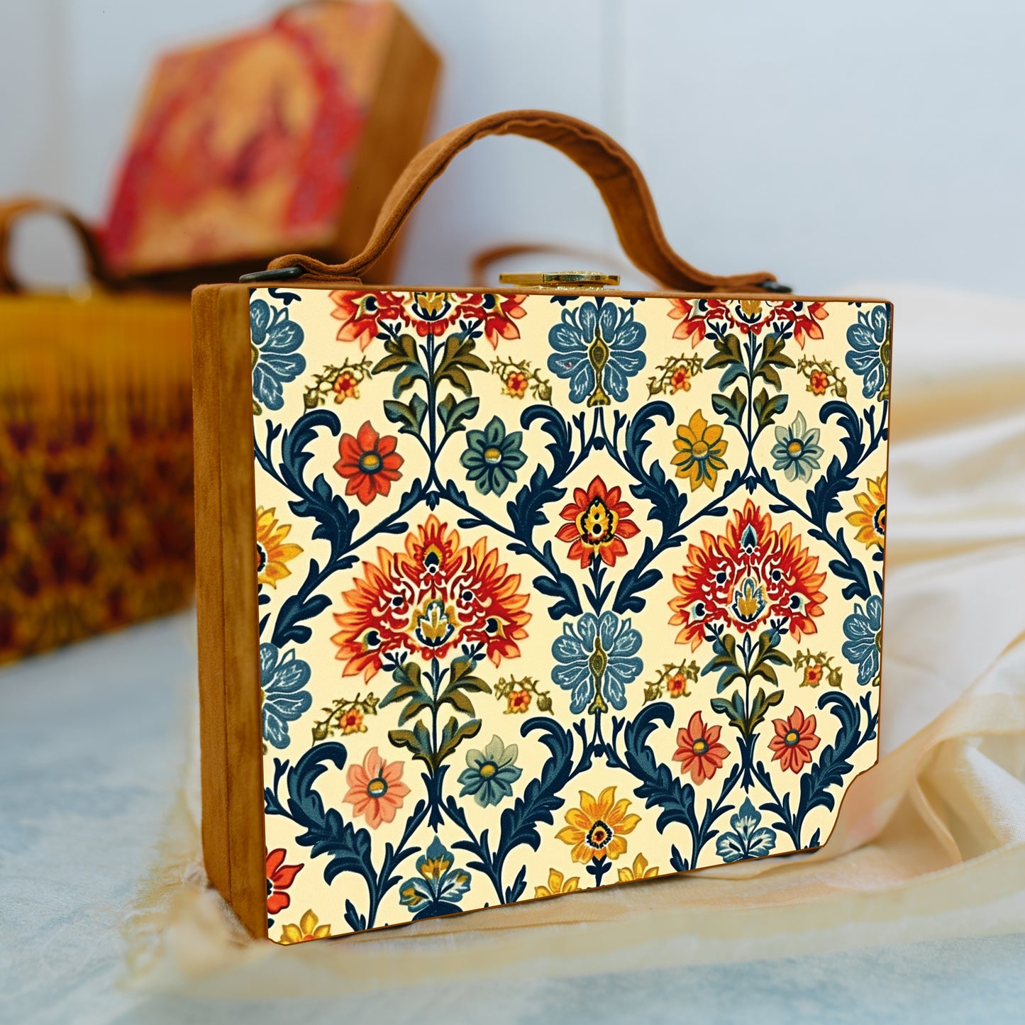 Blue And Orange Floral Printed Suitcase Style Clutch