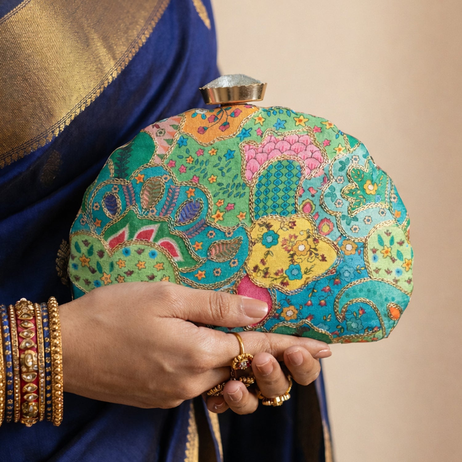 Green Multipattern Embroidery Moon Shaped Clutch